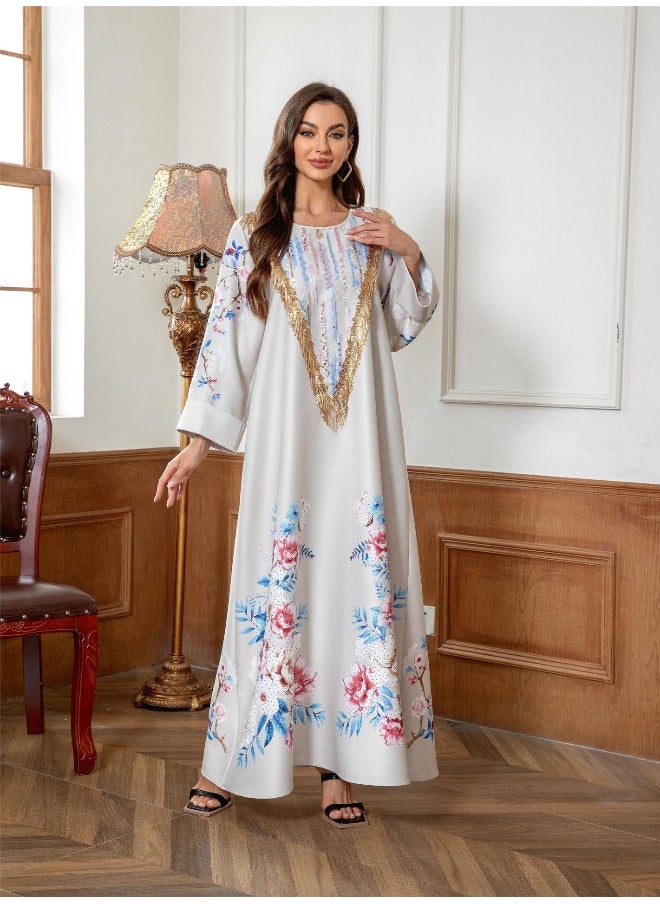 Elegant Muslim Women's Long Robe Floral Beaded Dress Abaya