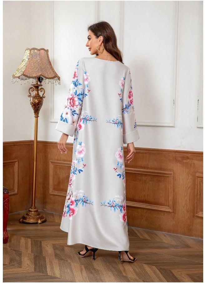 Elegant Muslim Women's Long Robe Floral Beaded Dress Abaya
