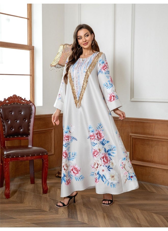 Elegant Muslim Women's Long Robe Floral Beaded Dress Abaya