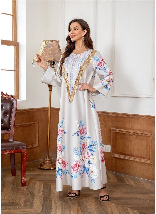 Elegant Muslim Women's Long Robe Floral Beaded Dress Abaya