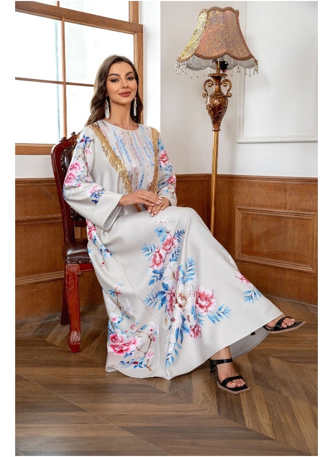 Elegant Muslim Women's Long Robe Floral Beaded Dress Abaya