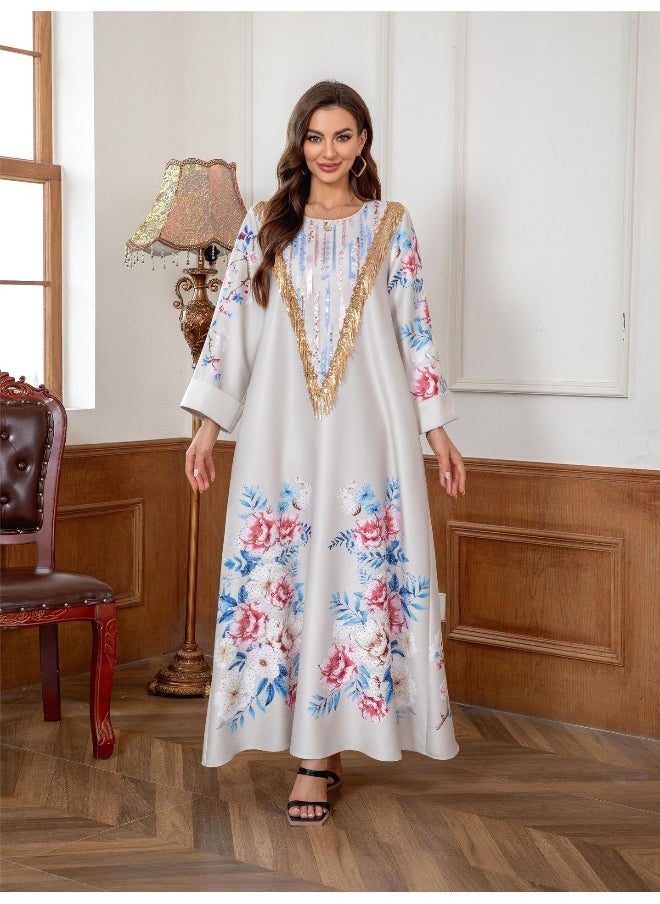 Elegant Muslim Women's Long Robe Floral Beaded Dress Abaya