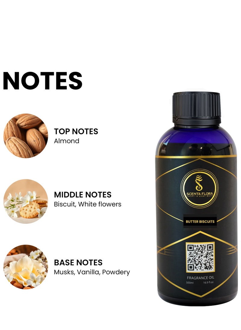 Butter Biscuits Fragrance Oil for Scent Diffusers Aromatherapy 500ml | IFRA Certified | Blend of Almond, Biscuit, and Vanilla | Ideal for Coffee Shops and Restaurants