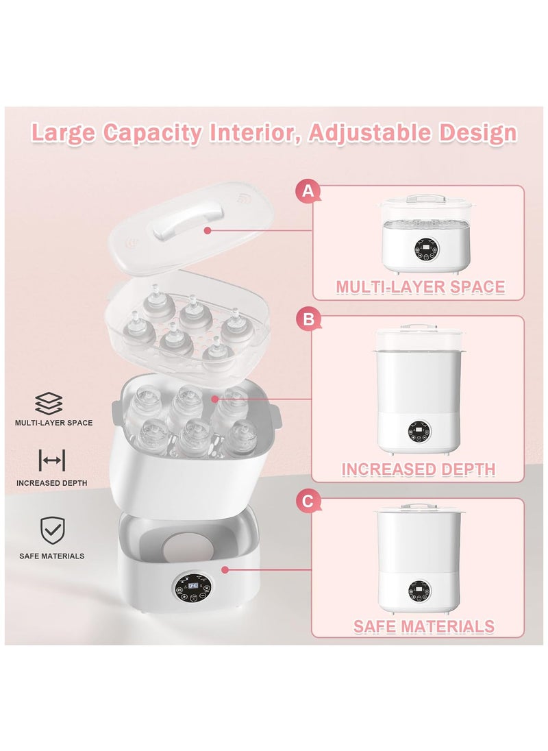 Baby Bottle Sterilizer and Dryer 5-in-1 Large Capacity Bottle Sanitizer and Dryer 2 Layers Compact Baby Bottle Electric Steam Sterilizer and Dryer for Baby Bottles Pacifiers Pump Parts