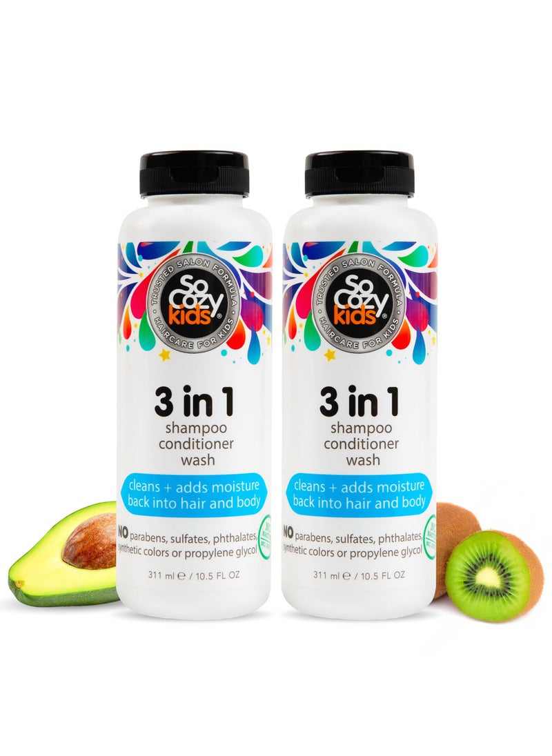 SoCozy 3-in-1 Kids Shampoo + Conditioner + Body Wash (10.5 Fl Oz, 2 Pack) Gentle, Hydrating Hair & Body Cleanser with Keratin, Vitamin B5, & Kiwi Extract, Paraben & Sulfate-Free