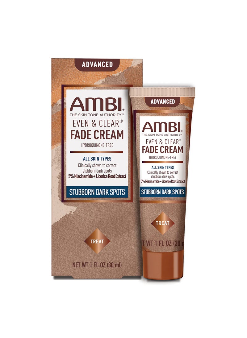 Ambi Even & Clear Advanced Fade Cream, Hydroquinone-free, Hyperpigmentation Treatment, Stubborn Dark Spot Corrector, Results In As Little As 2-3 Weeks, Niacinamide, Licorice Root Extract, PHA, 1 Fl Oz