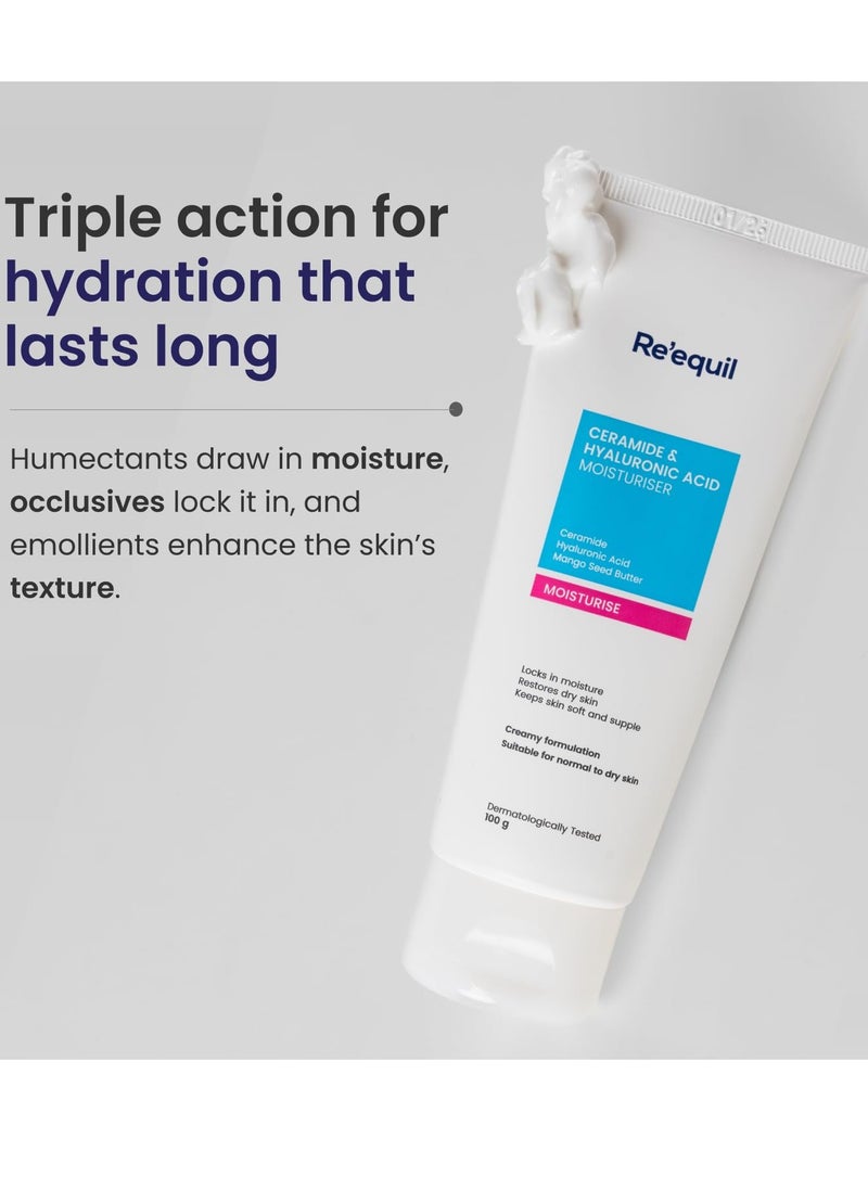 RE' EQUIL Ceramide Hyaluronic Acid Moisturiser Moisturizer For Face Barrier Repair Cream Long Lasting Hydration Suitable For Normal To Dry Skin 100G