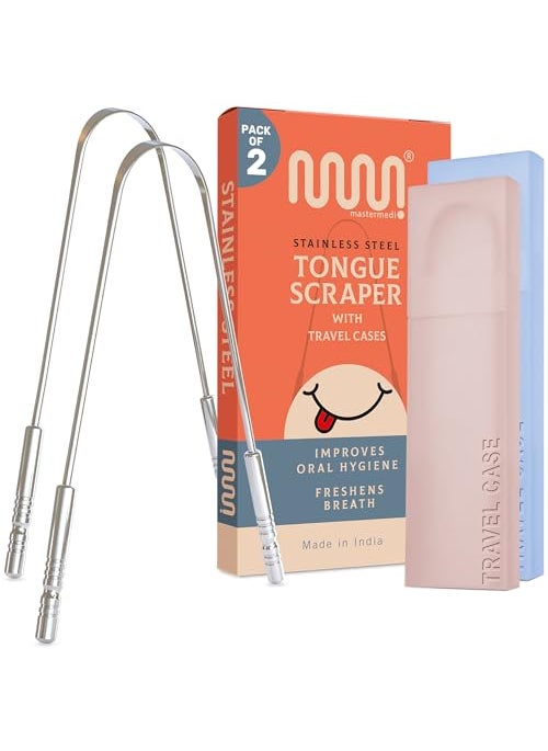 MasterMedi Tongue Scraper for Adults with Multicolor Travel Cases (2 Pack), 100% Stainless Steel, Reduce Bad Breath, Tongue Scrubber, Easy to Use, Tongue Cleaner for Oral Care & Hygiene
