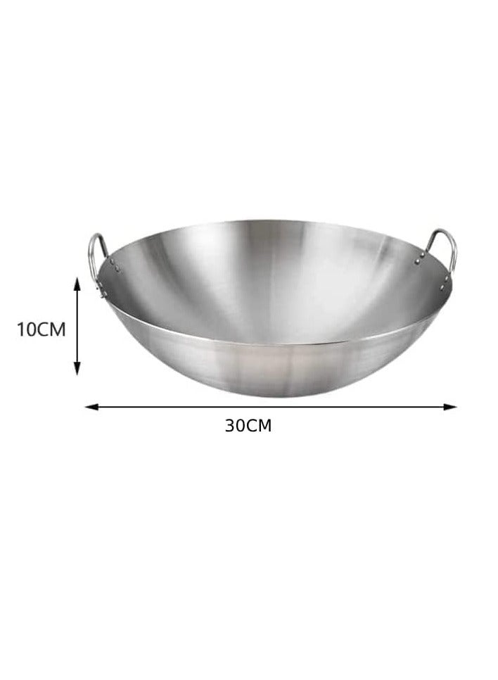 ECVV | 2PCS | Stainless Steel Wok Pan Stir Fry Pan Deep Frying Wok Nonstick Frying Skillet with Double Handles Flat Bottom Wok Chinese Cooking Wok 30cm/11.81 inch Stainless Steel 30cm/11.81 inchcm