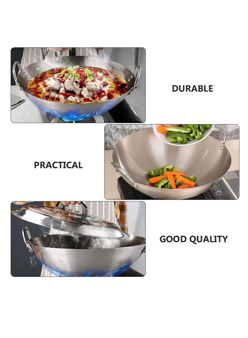 ECVV | 2PCS | Stainless Steel Wok Pan Stir Fry Pan Deep Frying Wok Nonstick Frying Skillet with Double Handles Flat Bottom Wok Chinese Cooking Wok 30cm/11.81 inch Stainless Steel 30cm/11.81 inchcm