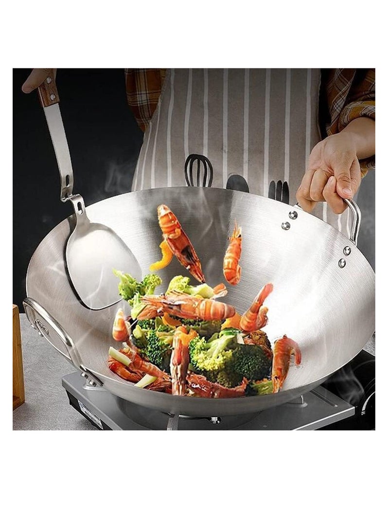 ECVV | 2PCS | Stainless Steel Wok Pan Stir Fry Pan Deep Frying Wok Nonstick Frying Skillet with Double Handles Flat Bottom Wok Chinese Cooking Wok 30cm/11.81 inch Stainless Steel 30cm/11.81 inchcm
