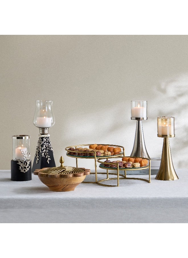 Nordic Glass Hurricane Candleholder with Aluminium Motif and Wooden Base - 13x13x25 cm
