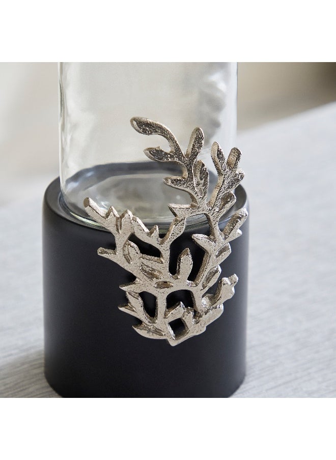 Nordic Glass Hurricane Candleholder with Aluminium Motif and Wooden Base - 13x13x25 cm