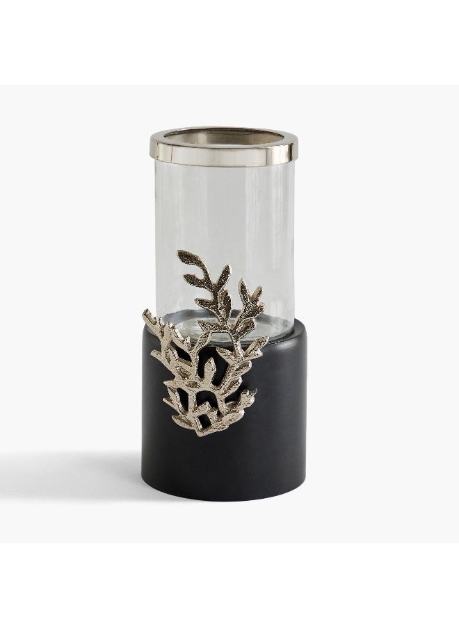 Nordic Glass Hurricane Candleholder with Aluminium Motif and Wooden Base - 13x13x25 cm