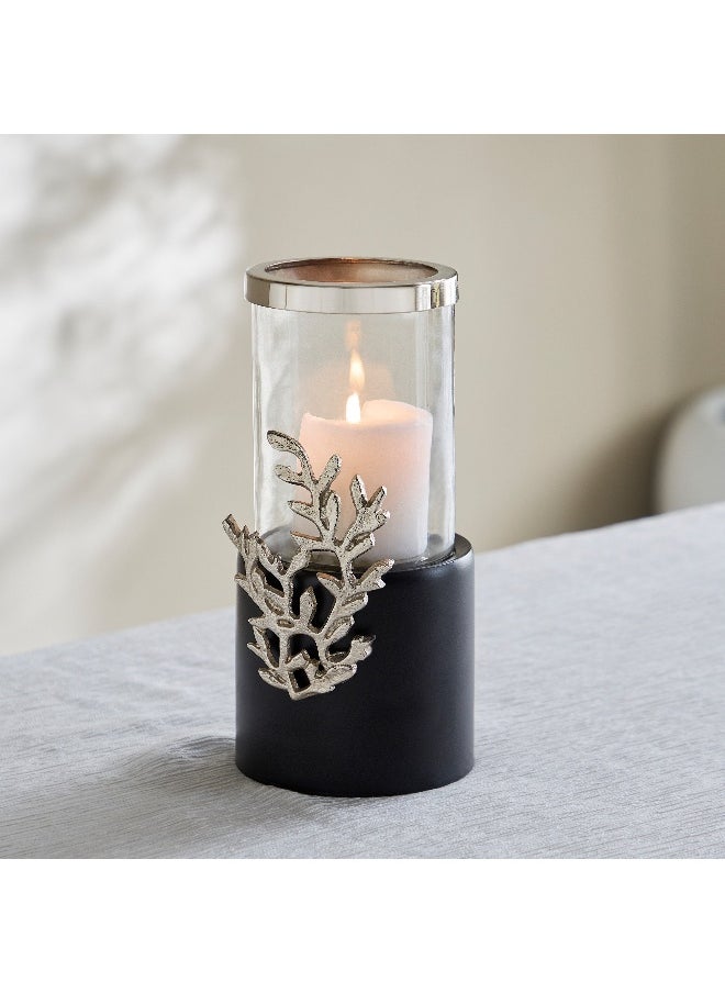 Nordic Glass Hurricane Candleholder with Aluminium Motif and Wooden Base - 13x13x25 cm
