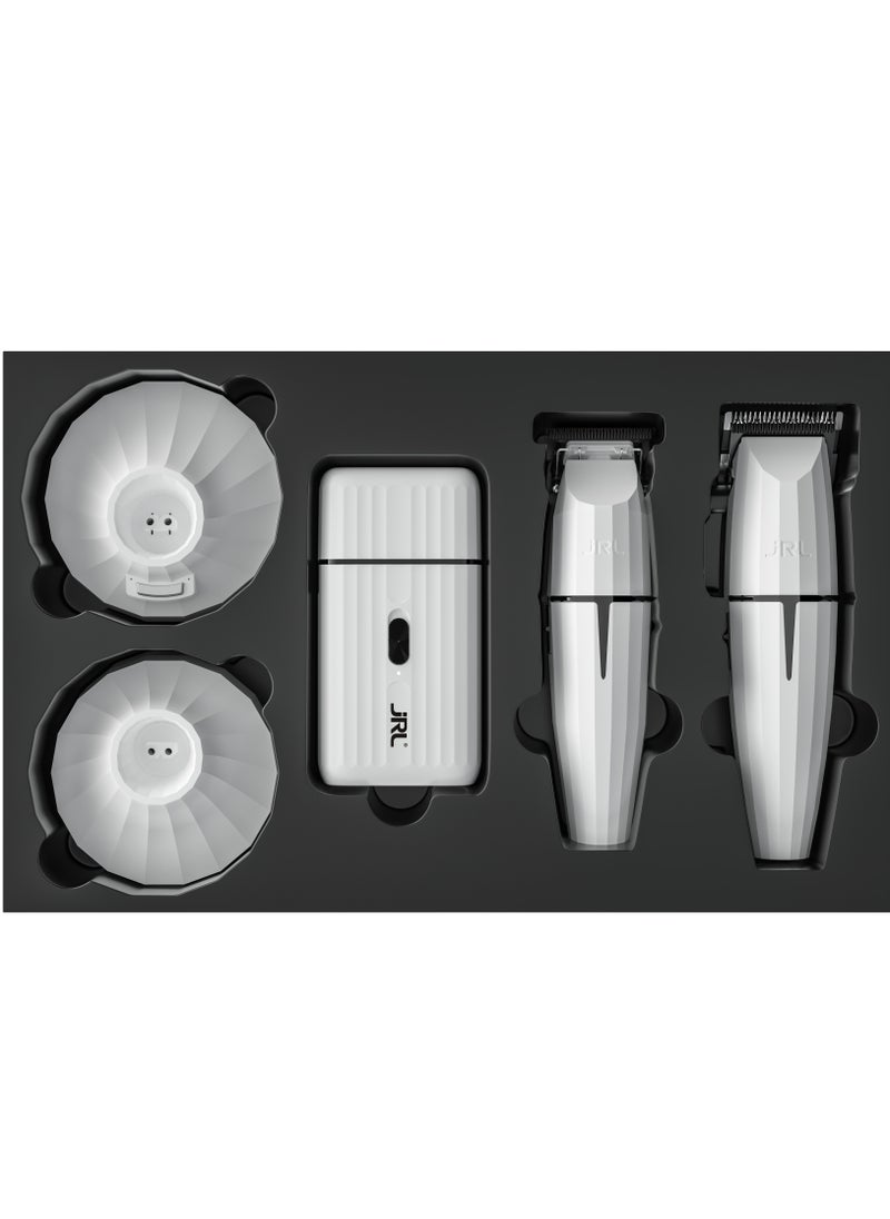 JRL Ghost Collection #2 | SH2301, 2020C-B, 2020T-B | Professional Clipper, Trimmer & Shaver Combo Kit | Cordless, Ultra-Quiet, Fade Blade Technology, Long Battery Life | Barber & Salon-Grade Grooming Set | White