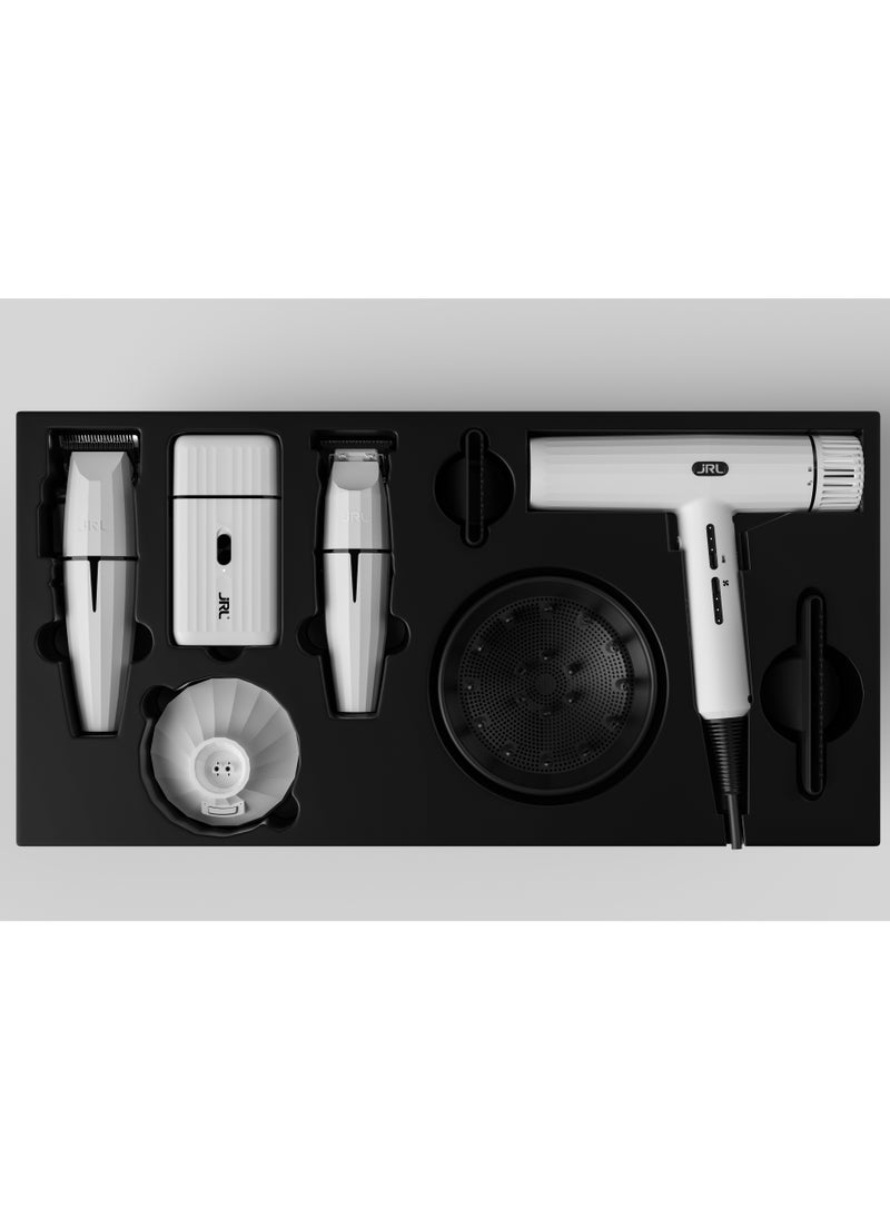 JRL Ghost Kit 3 | SH2301, 2020C-B, 2020T-B, 2020H | Ultimate Barber Clipper, Trimmer, Shaver & Hair Dryer Set | Cordless, Ultra-Quiet, Fade Blade Technology, Fast-Dry Ionic Hair Dryer | Salon & Grooming Kit | White