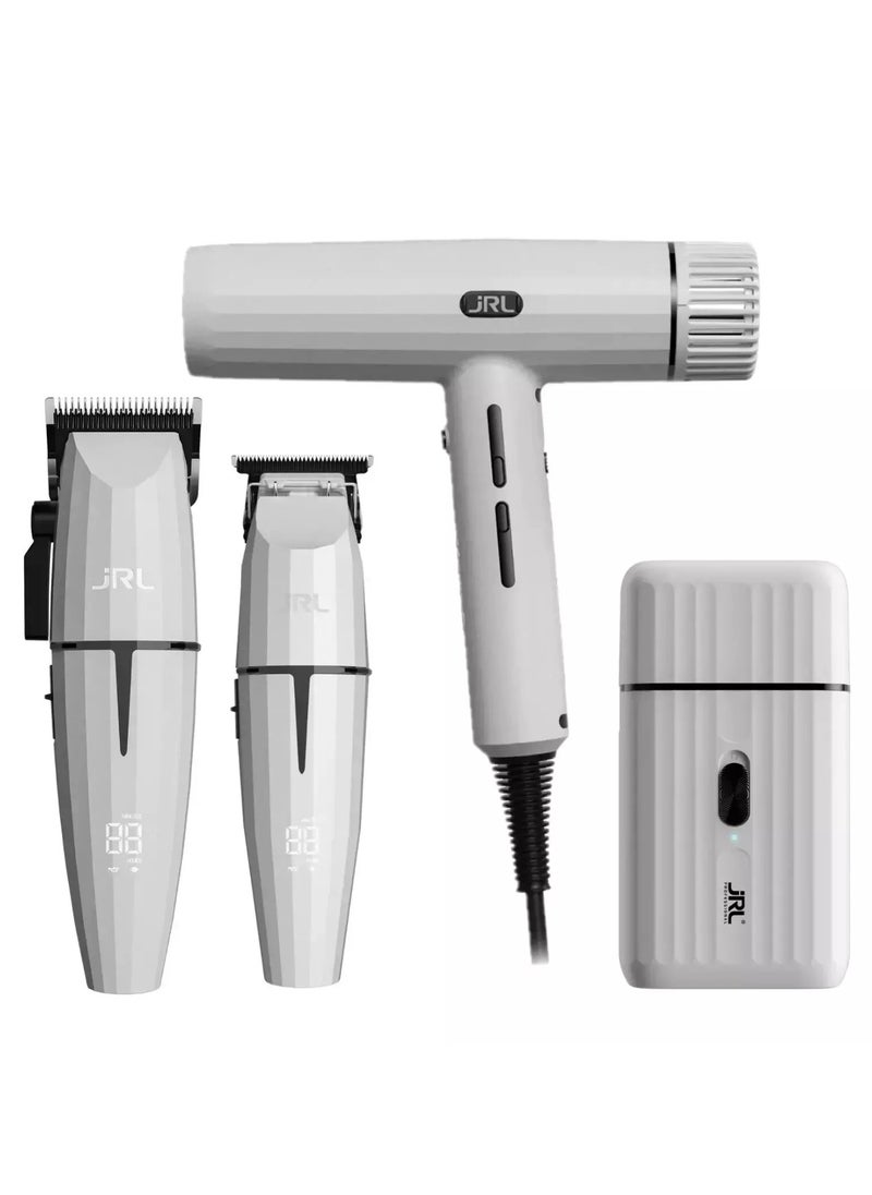 JRL Ghost Kit 3 | SH2301, 2020C-B, 2020T-B, 2020H | Ultimate Barber Clipper, Trimmer, Shaver & Hair Dryer Set | Cordless, Ultra-Quiet, Fade Blade Technology, Fast-Dry Ionic Hair Dryer | Salon & Grooming Kit | White