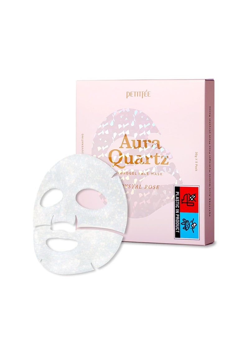 Petitfee Aura Quartz Hydrogel Face Mask Crystal Rose 30g*5ea - Rose Facial Mask for Radiant Skin with Pearl Protein, Collagen, Hyaluronic Acid, Brighten & Supple Face, Hydrating, Soothing Skin
