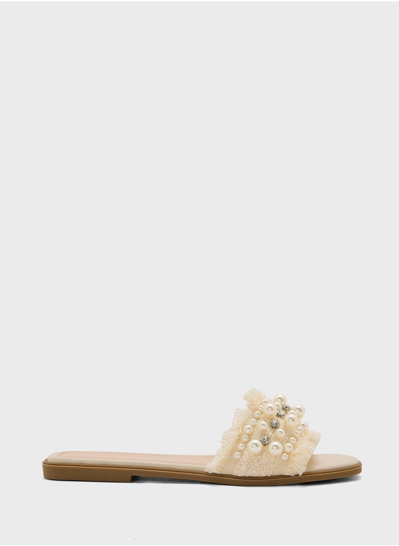 Pearl And Diamante Detail Flat Sandal