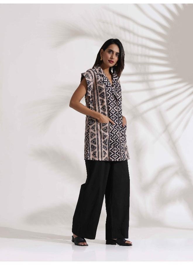 trueBrowns Beige Cotton Geometric Print  Jacket Co-ord Set