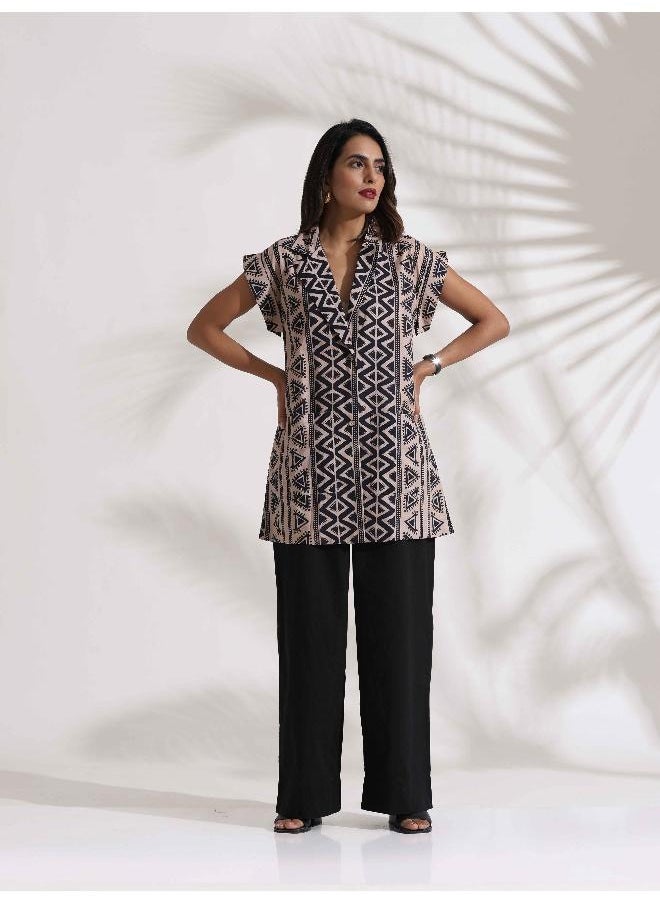 trueBrowns Beige Cotton Geometric Print  Jacket Co-ord Set