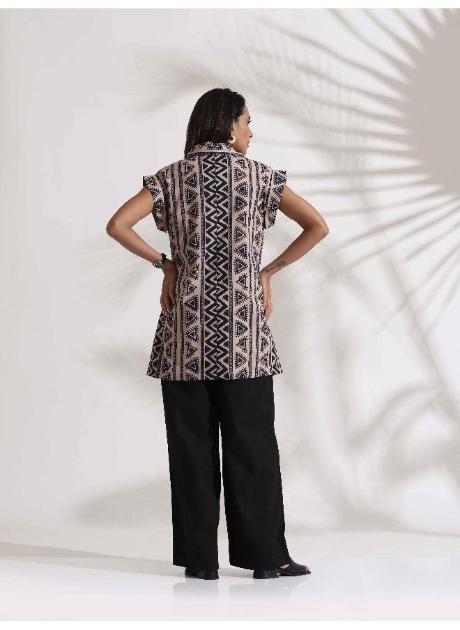 trueBrowns Beige Cotton Geometric Print  Jacket Co-ord Set
