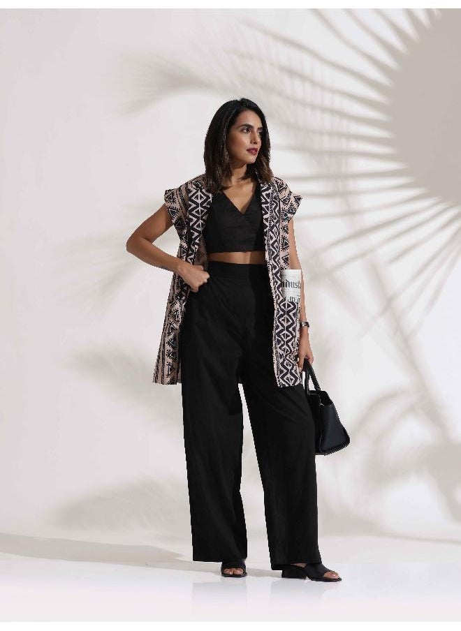 trueBrowns Beige Cotton Geometric Print  Jacket Co-ord Set