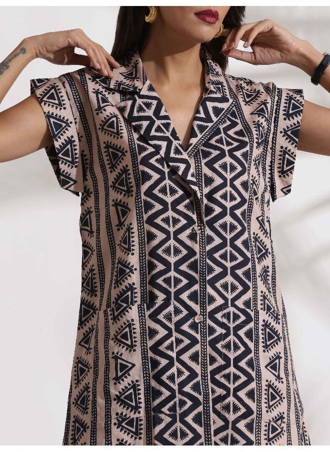 trueBrowns Beige Cotton Geometric Print  Jacket Co-ord Set