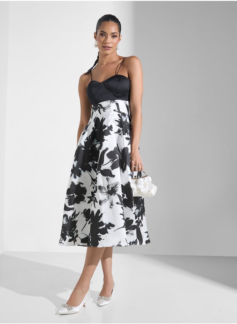 Strappy Monochrome Floral A Line Dress