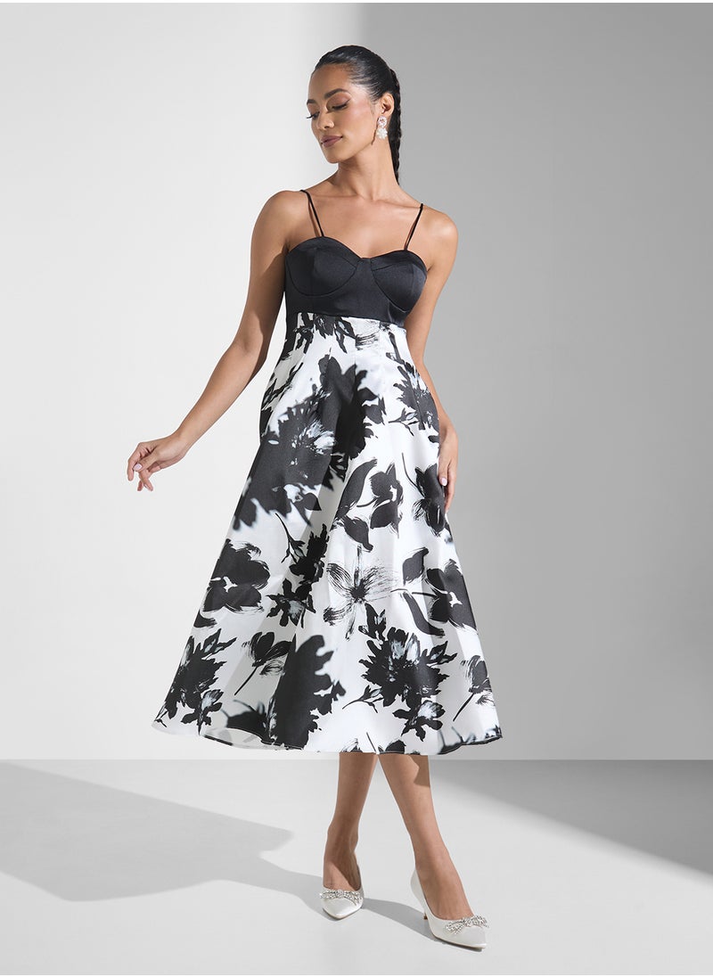 Strappy Monochrome Floral A Line Dress