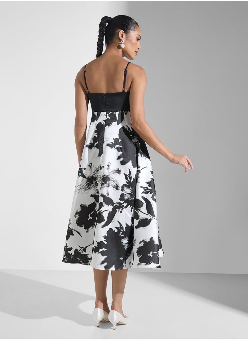 Strappy Monochrome Floral A Line Dress