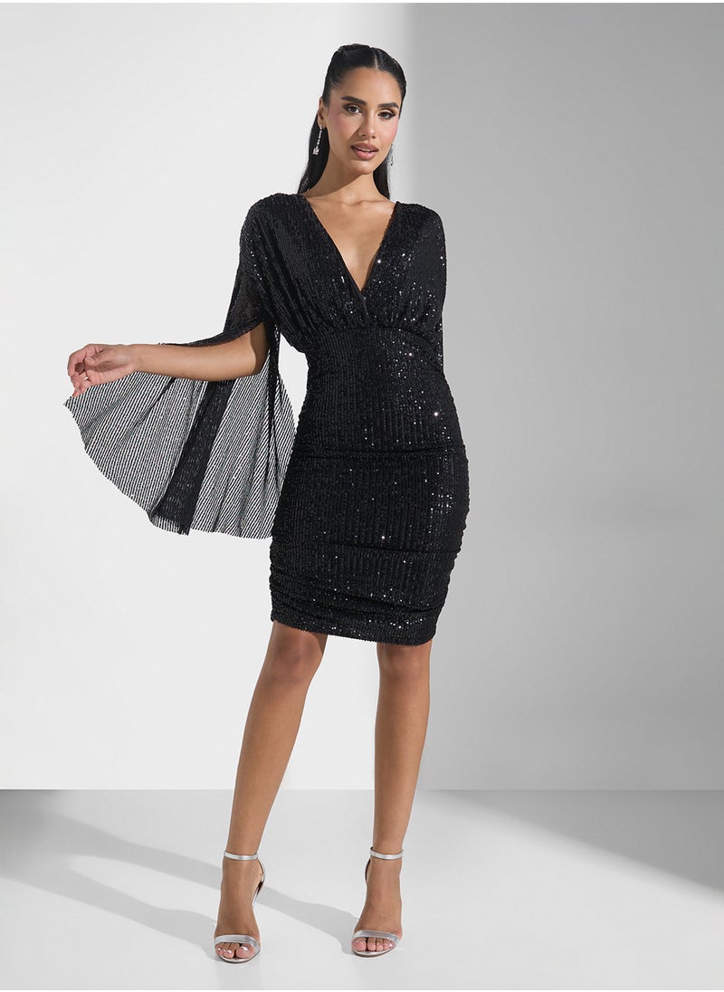 Sequin Embellished Dress With Exaggerated Sleeves