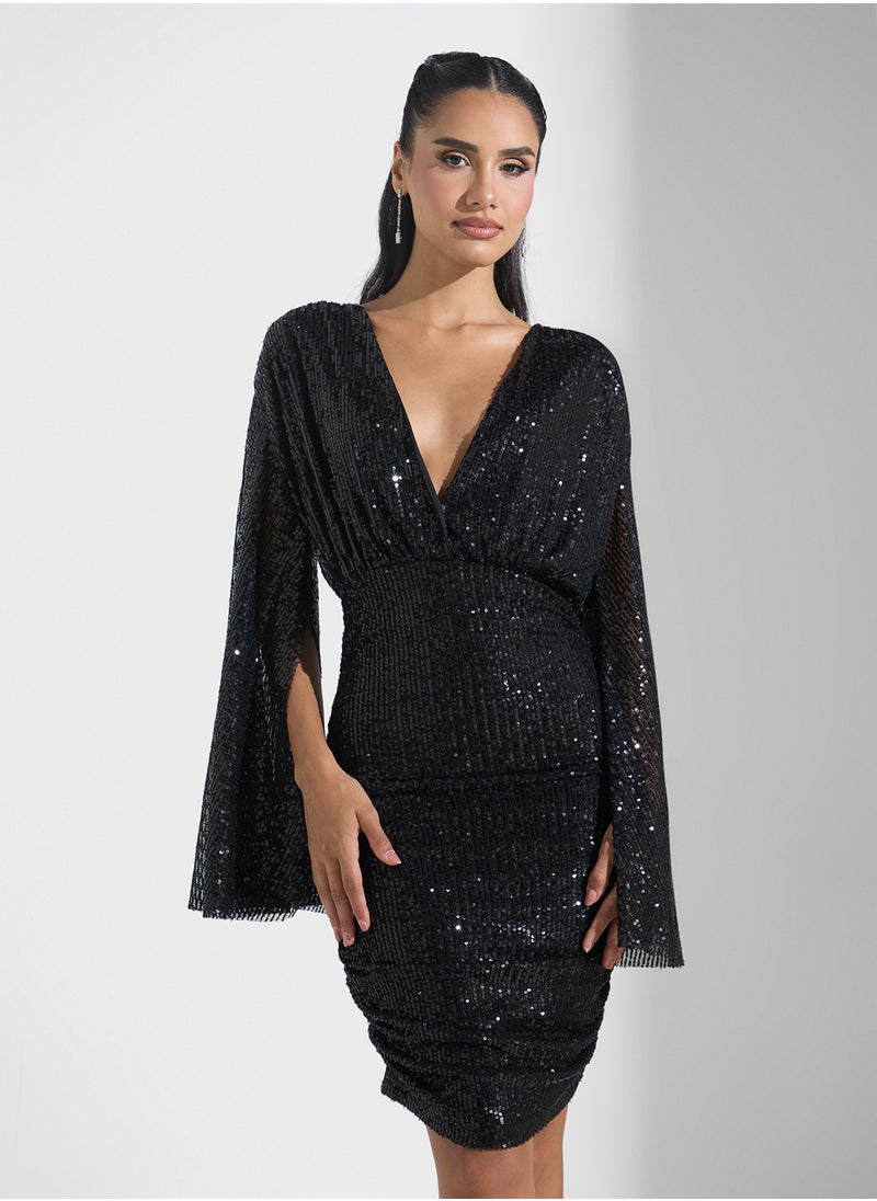 Sequin Embellished Dress With Exaggerated Sleeves
