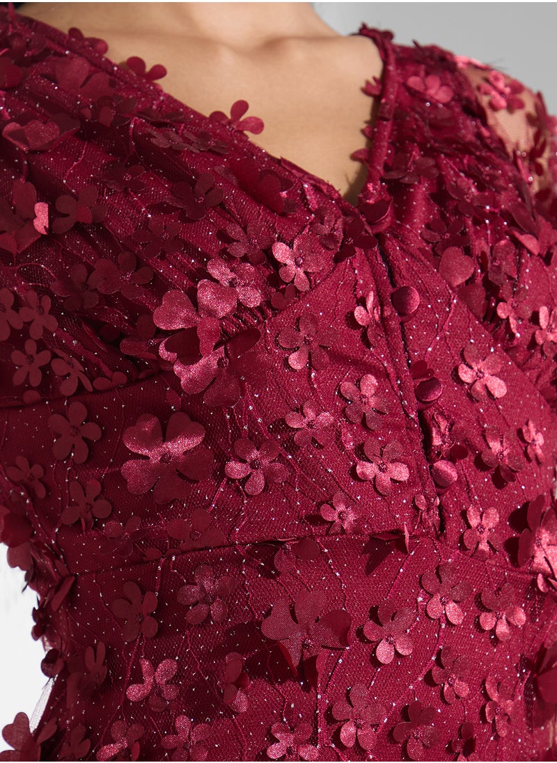 3D Floral Applique Tulle Midi Dress