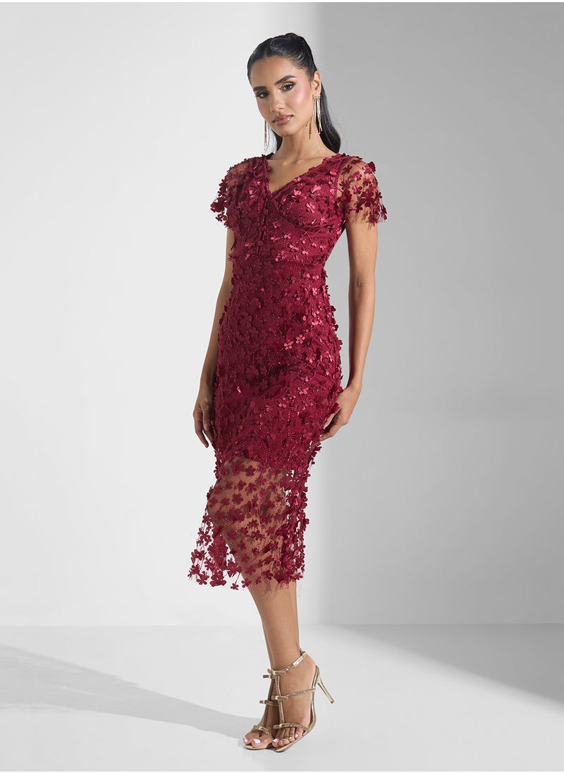 3D Floral Applique Tulle Midi Dress