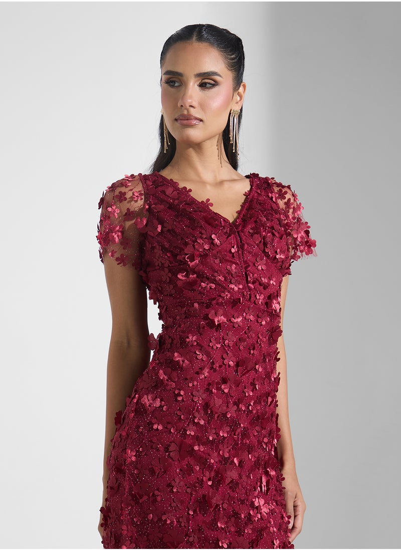 3D Floral Applique Tulle Midi Dress