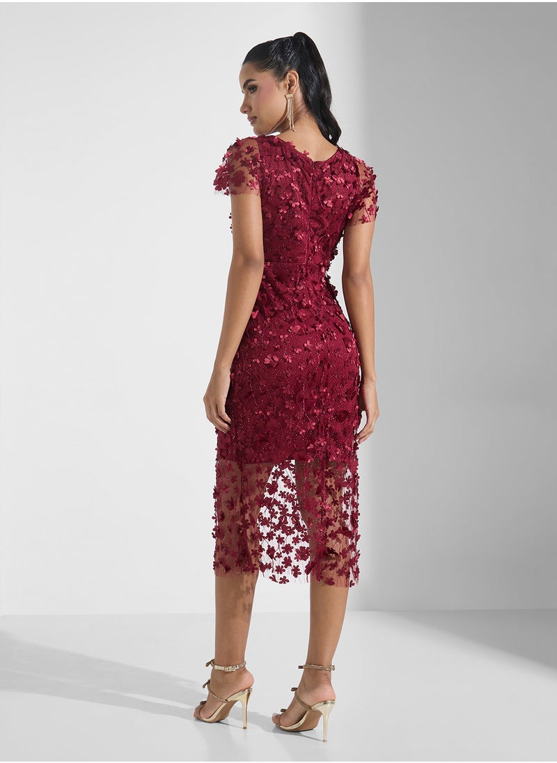 3D Floral Applique Tulle Midi Dress