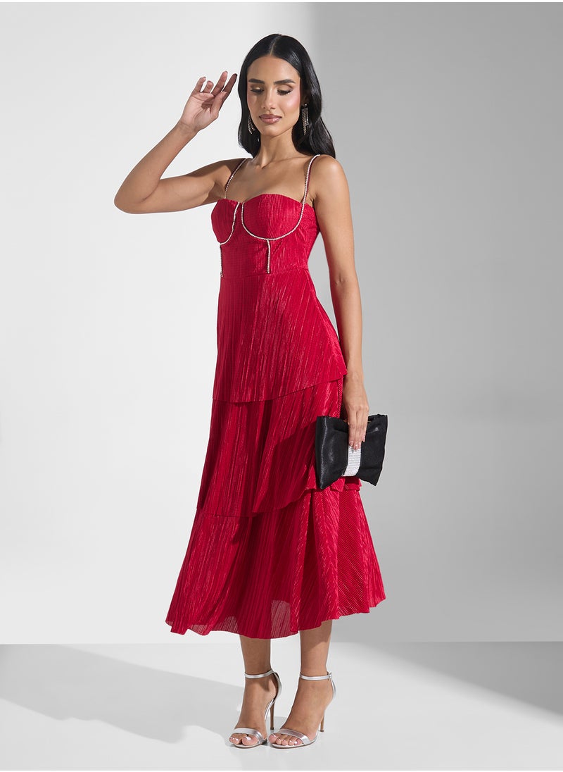 Corset Bodice Diamante Detail Tiered A Line Dress