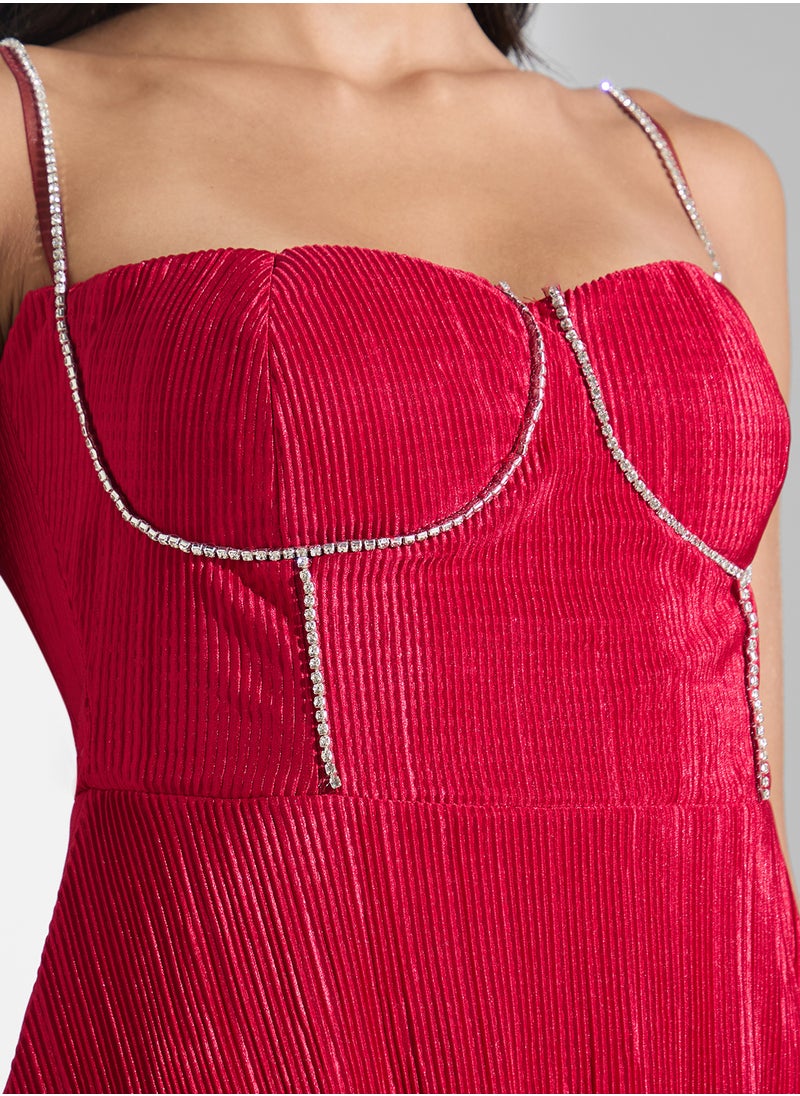 Corset Bodice Diamante Detail Tiered A Line Dress