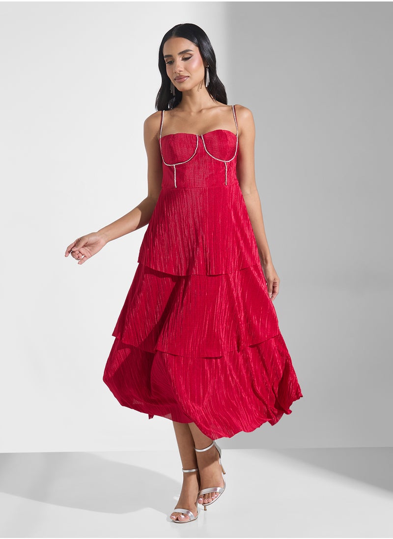 Corset Bodice Diamante Detail Tiered A Line Dress