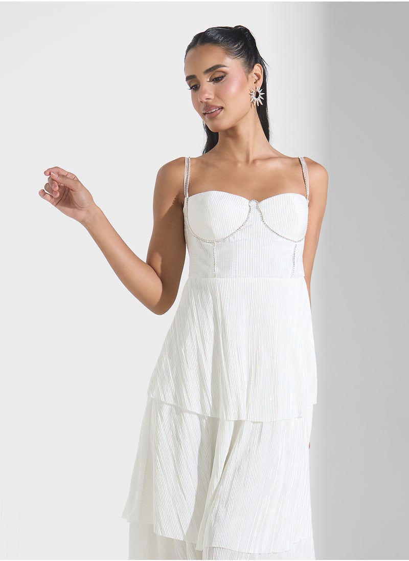 Corset Bodice Diamante Detail Tiered A Line Dress
