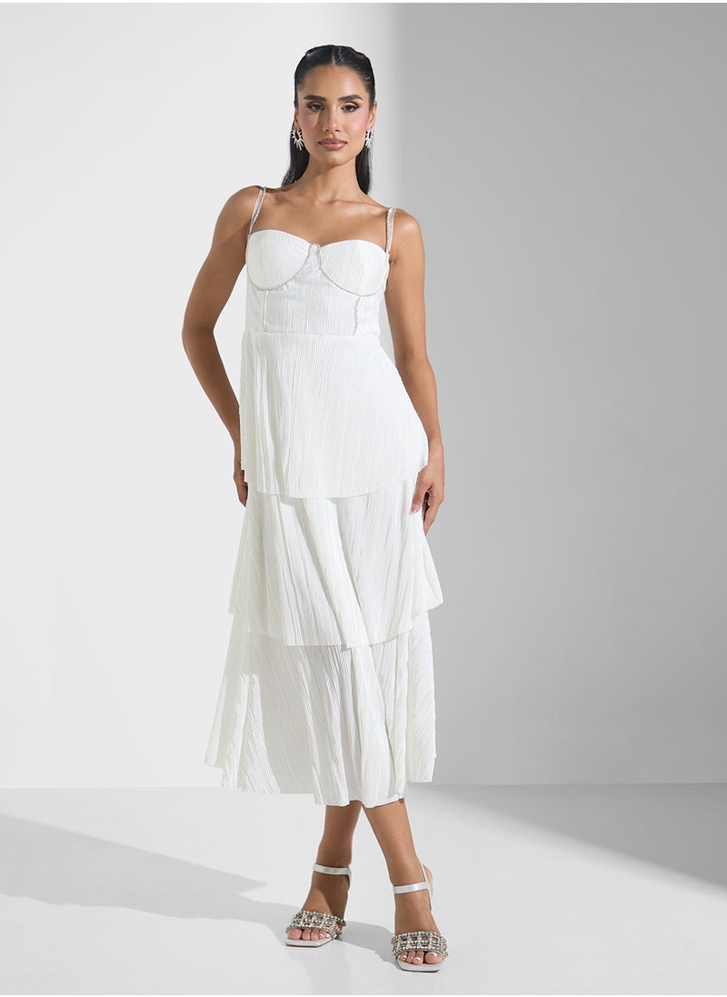Corset Bodice Diamante Detail Tiered A Line Dress