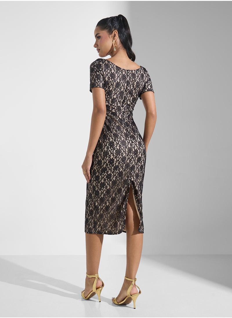 Sweetheart Neckline Lace Detail Midi Dress
