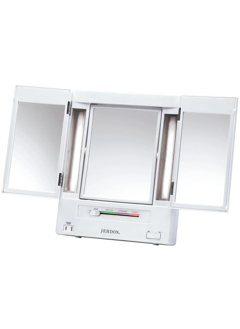 JERDON Tri-Fold Two-Sided Makeup Mirror with Lights - Vanity Mirror with 5X-1X Magnification & Multiple Light Settings - White - Model JGL9W