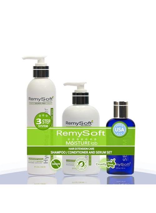 RemySoft Moisturelab System - Safe for Hair Extensions, Weaves and Wigs - Salon Formula Shampoo, Conditioner & Serum - Gentle Sulfate-free Lather