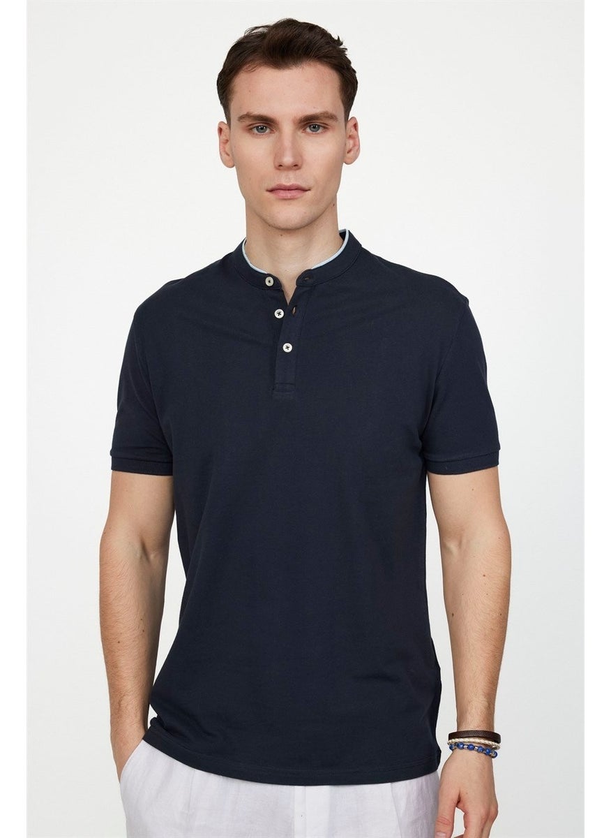 Men's Slim Fit Narrow Cut 100% Cotton Plain Pique Navy Blue Crew Neck T-Shirt