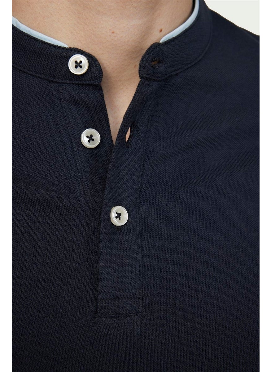 Men's Slim Fit Narrow Cut 100% Cotton Plain Pique Navy Blue Crew Neck T-Shirt