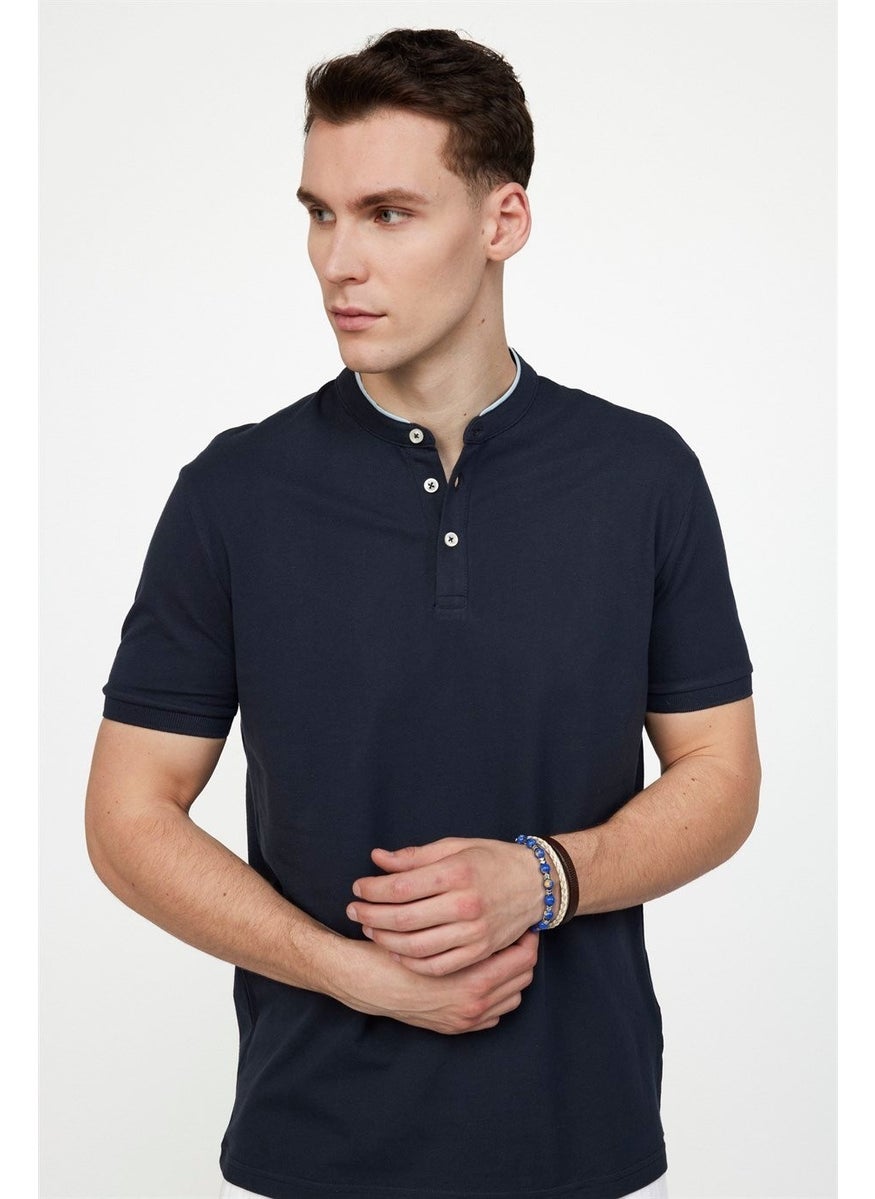 Men's Slim Fit Narrow Cut 100% Cotton Plain Pique Navy Blue Crew Neck T-Shirt