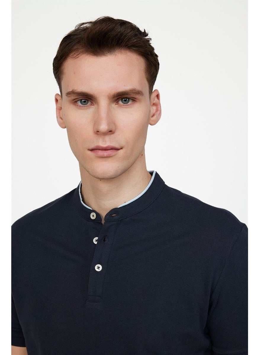 Men's Slim Fit Narrow Cut 100% Cotton Plain Pique Navy Blue Crew Neck T-Shirt